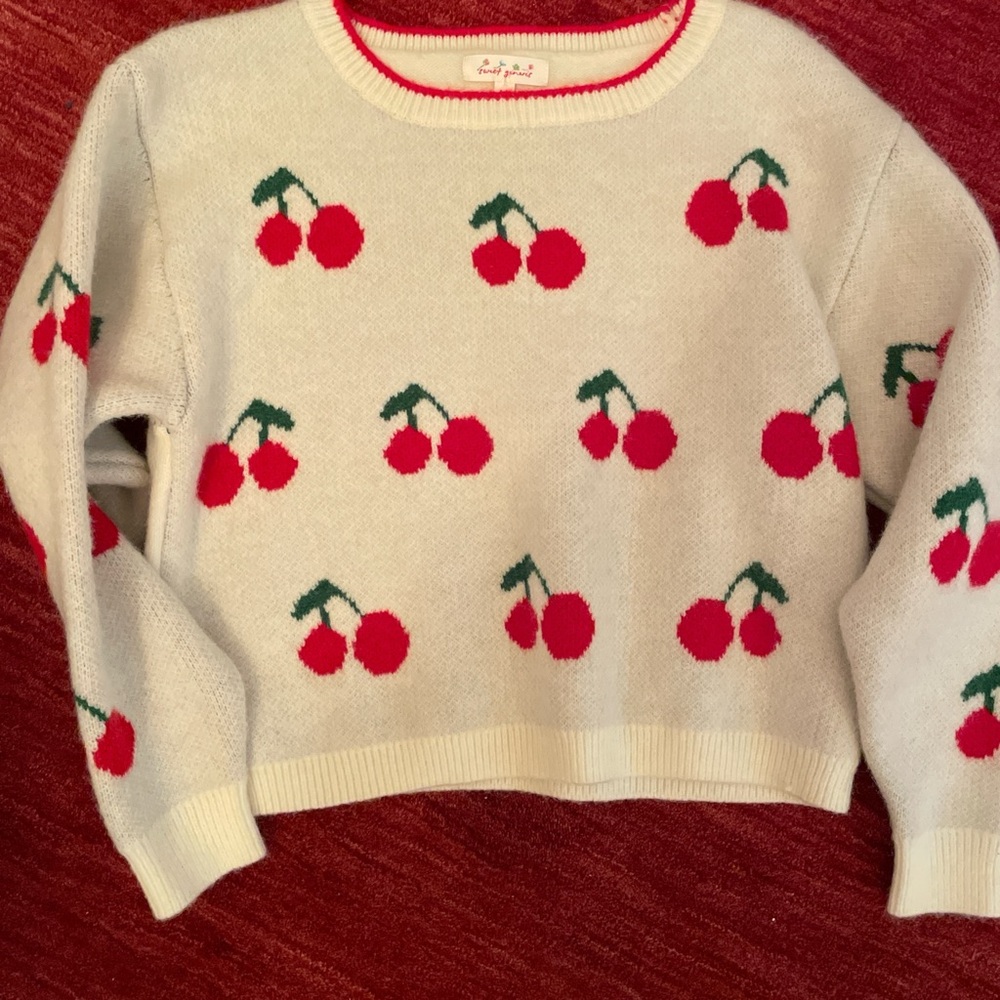 Cherry Patterned Knit Sweater - Cream and Red
